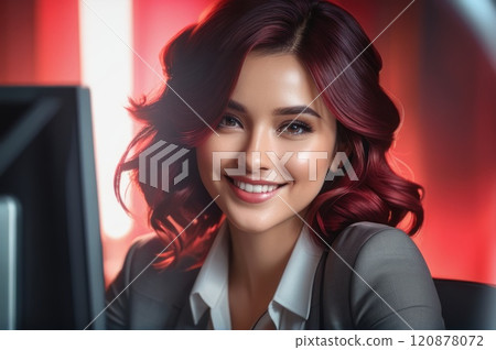 Portrait of attractive cheerful red long wavy hairs woman leader partner startup developer in modern office. Close up of smiling young adult girl with blurred open space background.. AI 120878072