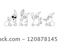 Set of funny Snowmen in hats and with a smile on their faces with a broom, a bag, balls and a carrot. Design of a New Year s greeting card for editing. Coloring for children. 120878145