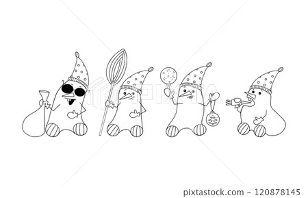 Set of funny Snowmen in hats and with a smile on their faces with a broom, a bag, balls and a carrot. Design of a New Year s greeting card for editing. Coloring for children. 120878145
