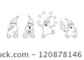 Set of funny Snowmen in hats and with a smile on their faces with a Christmas tree, tangerines, a gift and a sheet for writing. New Year s greeting card. Coloring for children. 120878146