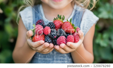 Child's Hands Holding a Collection of Fresh Berries 120878260