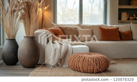 Living space with sofa with knit throws, dried pampas grass, and a pouf. Neutral mocha mousse tones 120878320