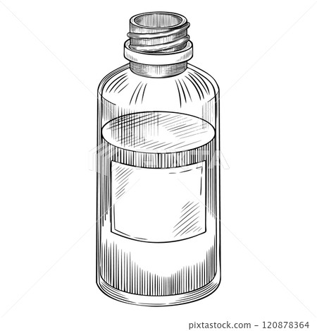 Vector drawing of a essential oil Bottle. Linear illustration of glass vial with liquid painted by black inks for aromatherapy or herbal medicine. Outline etching for apothecary or cosmetic design. 120878364