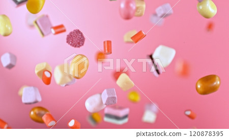 Freeze motion of flying various kind of candies. Freeze motion of flying various kind of candies. 120878395