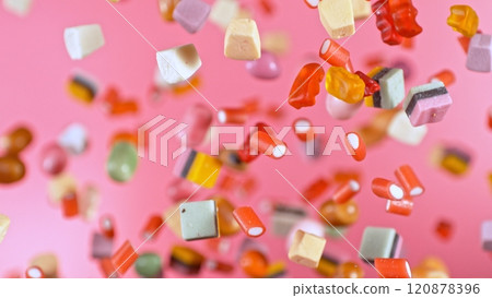 Freeze motion of flying various kind of candies. 120878396