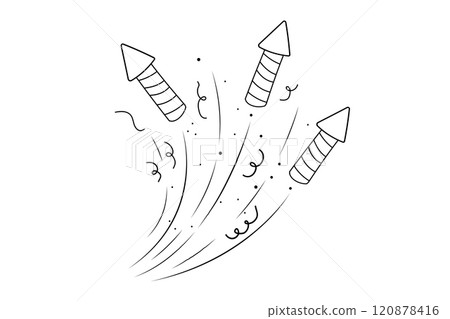 Fireworks and rocket, salute firecracker with burst, light and festive explosions in doodle style. Hand drawn sparks, firecracker on white background. Party, celebrations, event. Fireworks and rocket, salute firecracker with burst, light and festive explosions in doodle style. Hand drawn sparks, firecracker on white background. Party, celebrations, event. 120878416