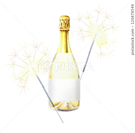 Watercolor hand drawn illustration featuring a champagne bottle with golden foil and two lit sparklers with golden sparkling effects. Perfect for Christmas, holiday, festive and special occasion theme 120878549