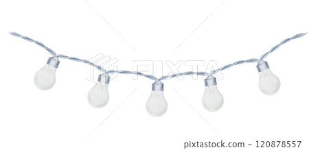Watercolor illustration of a garland of light bulbs with white and silver wire. Hand drawn isolated element for winter, Christmas, holiday or wedding decorations, cards, invitations, banners, designs. Watercolor illustration of a garland of light bulbs with white and silver wire. Hand drawn isolated element for winter, Christmas, holiday or wedding decorations, cards, invitations, banners, designs. 120878557