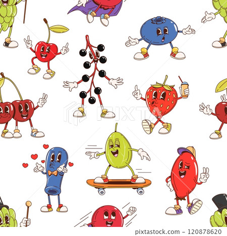 Cartoon groovy berry characters seamless pattern, vector background. Groovy funny berry characters pattern of smiling strawberry, happy honeysuckle with kiss hearts, funky cherry and silly blueberry Cartoon groovy berry characters seamless pattern, vector background. Groovy funny berry characters pattern of smiling strawberry, happy honeysuckle with kiss hearts, funky cherry and silly blueberry 120878620