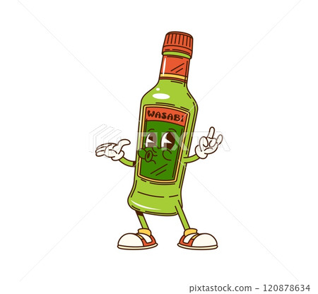 Cartoon groovy wasabi sauce bottle character with funny face, vector comic. Groovy wasabi sauce bottle funky whistling for Japanese cuisine sushi or fast food spicy hot sauce cartoon retro character 120878634