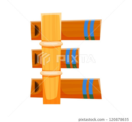 Slide flute musical instrument font E letter. Orchestra musical instrument latin alphabet letter, sound festival acoustic flute or musician equipment font typeset vector element English ABC symbol 120878635