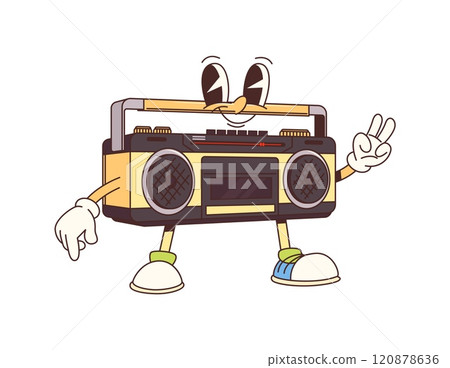 Groovy cartoon retro music player character with funny face, vector personage. Groovy cassette tape player with funky smile and hippie peace sign for disco music or travel and leisure character 120878636