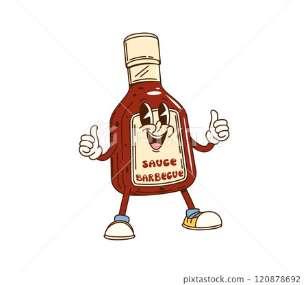 Cartoon groovy barbecue sauce bottle character with happy face, vector emoji. Groovy BBQ sauce bottle character in retro cartoon with thumbs up and funky happy smile for fast food hot dog or grill Cartoon groovy barbecue sauce bottle character with happy face, vector emoji. Groovy BBQ sauce bottle character in retro cartoon with thumbs up and funky happy smile for fast food hot dog or grill 120878692