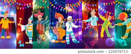 Cartoon circus clown characters collage of funfair carnival performers, vector background. Funny circus clown characters in wigs with smiles or riding unicycle for kids funfair carnival or circus show Cartoon circus clown characters collage of funfair carnival performers, vector background. Funny circus clown characters in wigs with smiles or riding unicycle for kids funfair carnival or circus show 120878713