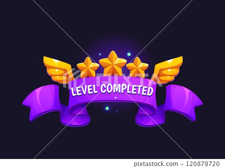 Level completed game asset icon or badge featuring three golden stars, wings and purple ribbon. Vector video game achievements, app icon or digital rewards, conveying accomplishment and progression Level completed game asset icon or badge featuring three golden stars, wings and purple ribbon. Vector video game achievements, app icon or digital rewards, conveying accomplishment and progression 120878720