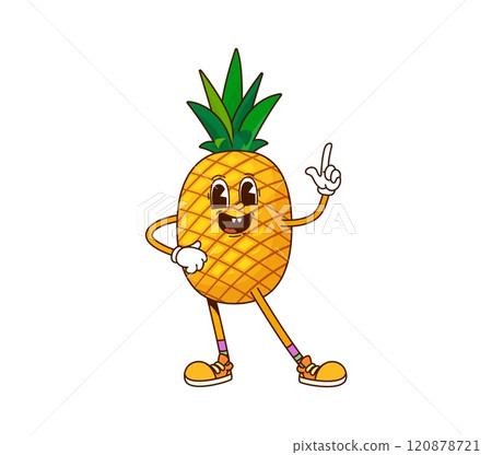 Cartoon funny groovy pineapple fruit character. Isolated vector cheerful tropical fruit retro personage stands with friendly smile and pointing up finger, engaging children at healthy eating habits Cartoon funny groovy pineapple fruit character. Isolated vector cheerful tropical fruit retro personage stands with friendly smile and pointing up finger, engaging children at healthy eating habits 120878721