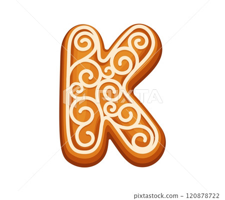 Christmas gingerbread cookie in the shape of letter K, decorated with icing. Isolated cartoon vector festive holiday pastry with glaze ornament. Xmas font, typeface, new year type, English alphabet Christmas gingerbread cookie in the shape of letter K, decorated with icing. Isolated cartoon vector festive holiday pastry with glaze ornament. Xmas font, typeface, new year type, English alphabet 120878722