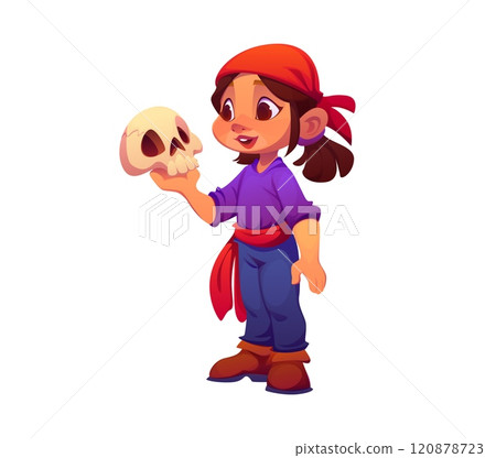 Cartoon kid corsair pirate girl character with a cheeky grin, dressed in a purple shirt and red bandana holds a human skull playfully in one hand, capture a lighthearted, adventurous pirate spirit Cartoon kid corsair pirate girl character with a cheeky grin, dressed in a purple shirt and red bandana holds a human skull playfully in one hand, capture a lighthearted, adventurous pirate spirit 120878723