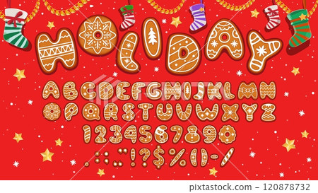 Christmas gingerbread cookie font, bakery typeface, xmas biscuit type, holiday sweet english alphabet. Vector festive abc letters, numbers and symbol cookie characters decorated with sugary icing 120878732