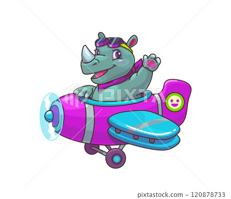 Cartoon rhino animal kid pilot on plane, baby character on airplane. Isolated vector adorable rhinoceros wearing pilot glasses and scarf gleefully driving biplane waving a paw, ready for air adventure 120878733