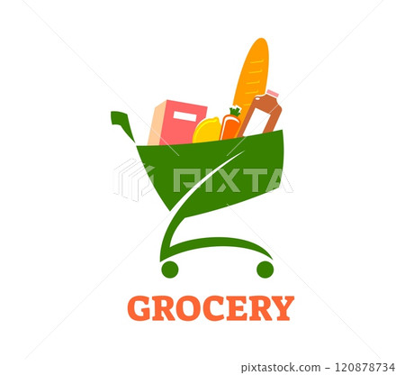 Grocery icon featuring green shopping cart filled with bread, milk, vegetables and cereal box. Isolated vector emblem for supermarkets, food stores and online services symbolizes convenient shopping 120878734