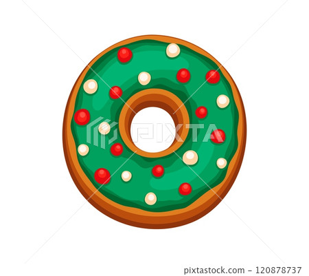 Christmas gingerbread letter O decorated with green icing and red and white sprinkles, holiday festive typography. Isolated cartoon vector font, xmas typeface, new year type, English pastry alphabet 120878737