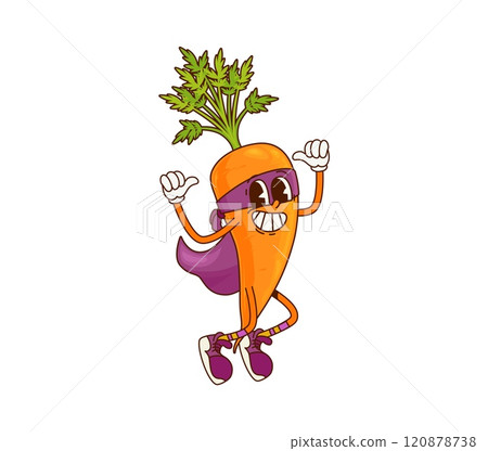 Groovy carrot vegetable superhero character flexing muscles. Isolated cartoon vector fresh veggie, healthy food retro personage with super power. Funny vitamin plant in purple cloak, mask and sneakers 120878738