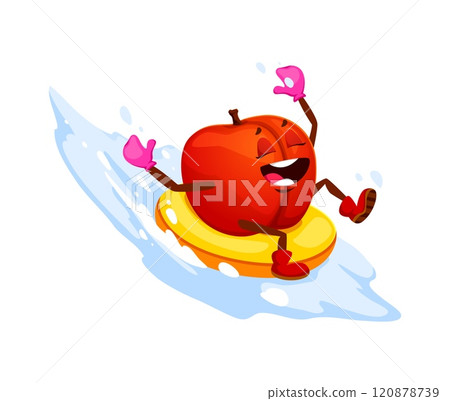 Christmas and new year winter tropical pear fruit character enjoying fun sled ride down a snowy hill, embodying the playful spirit of winter festivities and cheerful holiday and seasonal celebrations 120878739