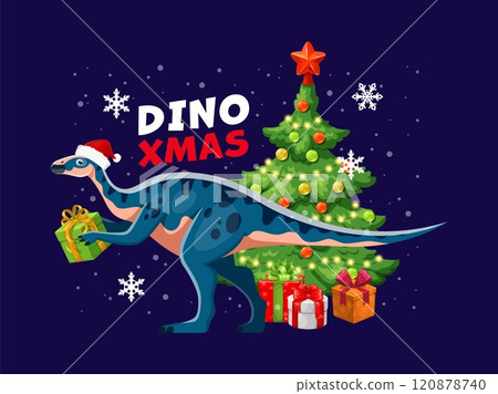 Christmas aralosaurus dinosaur greetings. Cartoon vector cute dino wearing Santa hat holds a gift in front of a sparkling Xmas tree with wrapped presents and snowflakes. Holiday festive greeting card 120878740