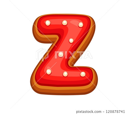 Gingerbread letter Z with red icing and white dots festive decorations. Cartoon vector holiday abc character. Christmas gingerbread font, xmas typeface, new year type, English pastry alphabet dessert 120878741
