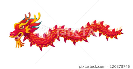 Red Chinese dragon, Lunar new year holiday character symbolizing power, strength, and luck. Isolated cartoon vector traditional creature embodies cultural heritage and myth, celebrated during festival 120878746