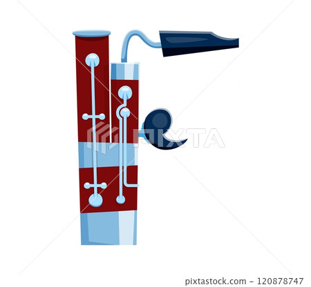 Bassoon musical instrument font F letter. Jazz band classic musical instrument font typeset letter, orchestra acoustic equipment or musician brass bassoon English ABC vector or alphabet symbol 120878747