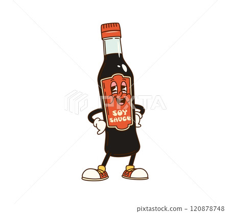 Cartoon groovy soy sauce bottle character with funny face, vector comic. Groovy funky soy sauce bottle cartoon character with happy silly smile or freaky face for Japanese cuisine or Asian noodles 120878748