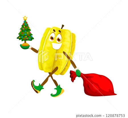 Christmas and new year winter tropical carambola fruit character celebrating Xmas with small decorated tree and a sack of gifts. Isolated cartoon vector cheerful starfruit personage ready for holiday 120878753