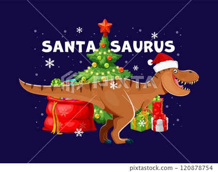 Christmas tyrannosaurus dinosaur greetings. Cartoon vector trex dino animal wearing Santa hat stands beside a decorated Christmas tree and presents, creating a fun, playful and festive holiday mood 120878754