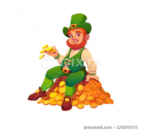 Cartoon Irish leprechaun man character sitting on a pile of golden coins, symbolizing good luck and prosperity. Isolated vector happy and cheerful Irish leprechaun personage of St Patrick Day folklore 120878755