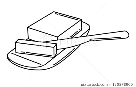 Illustration of butter with knife. Stylized kitchen object for cooking recipe and menu. 120878900