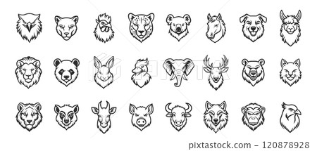 Animal face icon set. Funny collection head cartoon mammal and drawing zoo or farm character isolated white vector illustration 120878928