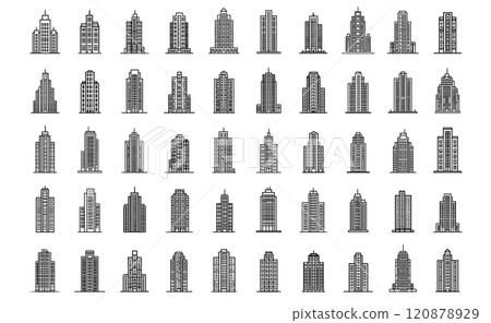 Building icon set. Outline cityscape construction and apartment. Business architecture town and metropolis skyscraper collection. City exterior structure and line silhouette vector illustration. 120878929