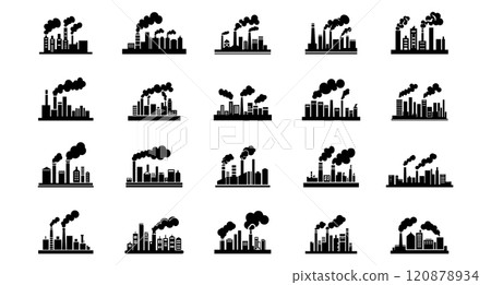 Factory building icon line set. Manufacturing tower and concept outdoor infrastructure collection. Industrial architecture and business warehouse vector illustration Factory building icon line set. Manufacturing tower and concept outdoor infrastructure collection. Industrial architecture and business warehouse vector illustration 120878934