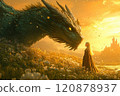 shimmering emerald-green dragon with soft, rounded features and a warm smile carries a cheerful elf dressed in flowing robes. 120878937