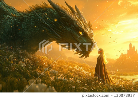 shimmering emerald-green dragon with soft, rounded features and a warm smile carries a cheerful elf dressed in flowing robes. 120878937