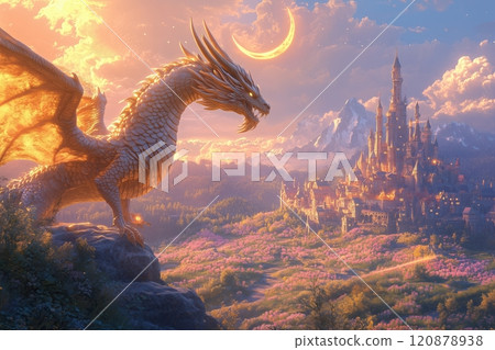 golden dragon with a gentle expression and playful, stubby horns looking at serene village, and a whimsical castle with spiraling towers under a glowing crescent moon 120878938