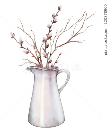 Watercolor illustration bouquet of willow branches and tree branch without leaves in in a light colored jug for milk. Hand drawn brown dry straight twig Isolated on white background for spring easter Watercolor illustration bouquet of willow branches and tree branch without leaves in in a light colored jug for milk. Hand drawn brown dry straight twig Isolated on white background for spring easter 120878960