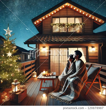 A couple decorating a small tree on the terrace of their home and spending time together 120878987