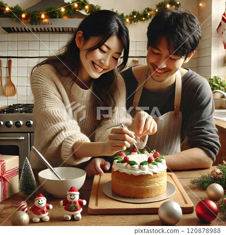 Couple decorating a homemade cake together 120878988