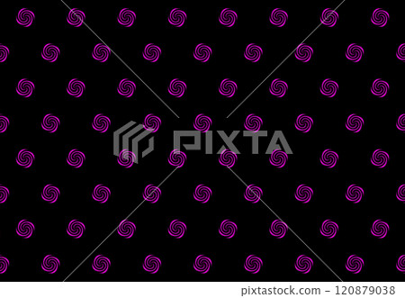 pink spirals on a black background. Background image. Identical circular patterns are arranged in rows across the entire design on a black background. pink spirals on a black background. Background image. Identical circular patterns are arranged in rows across the entire design on a black background. 120879038