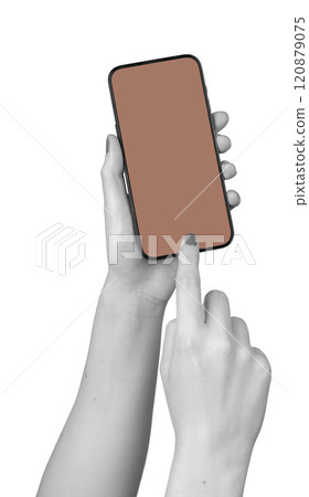 Mocha Mousse color on smartphone screen in hands isolated on white 120879075