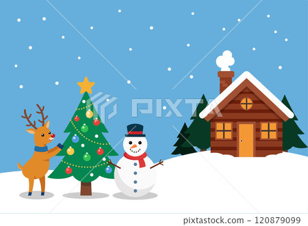 Christmas Holiday Scene with Snowman, Reindeer, Decorated Tree, and Cozy Cabin, Vector Illustration Christmas Holiday Scene with Snowman, Reindeer, Decorated Tree, and Cozy Cabin, Vector Illustration 120879099