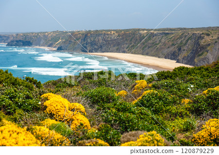 Beautiful view of the beach Praia do Medo da Fonte Santa on the western part of Algarve, Portugal 120879229